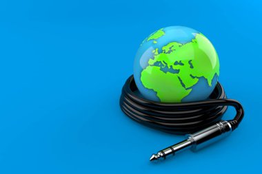 Mavi arka planda izole edilmiş ses kablosu olan dünya küresi. 3d illüstrasyon