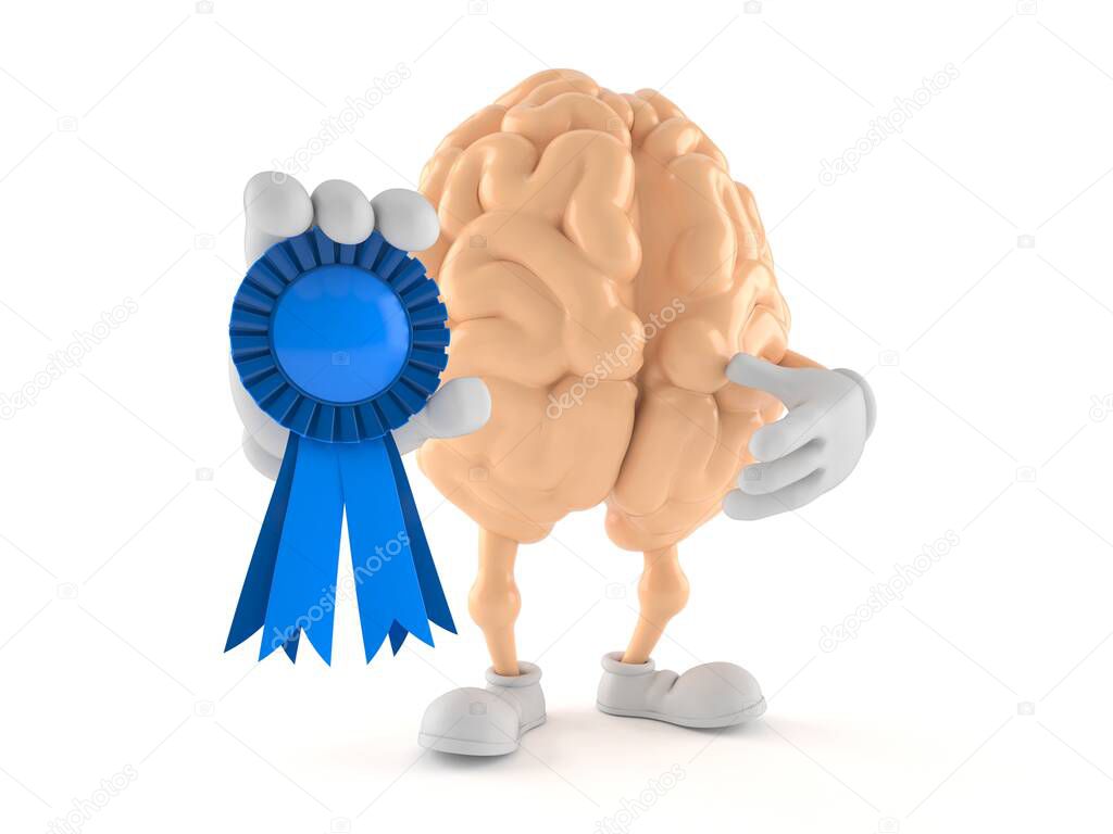 Brain character with award ribbon isolated on white background. 3d illustration