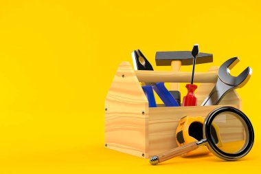 Turuncu arka planda izole edilmiş büyüteçle çalışma araçları. 3d illüstrasyon