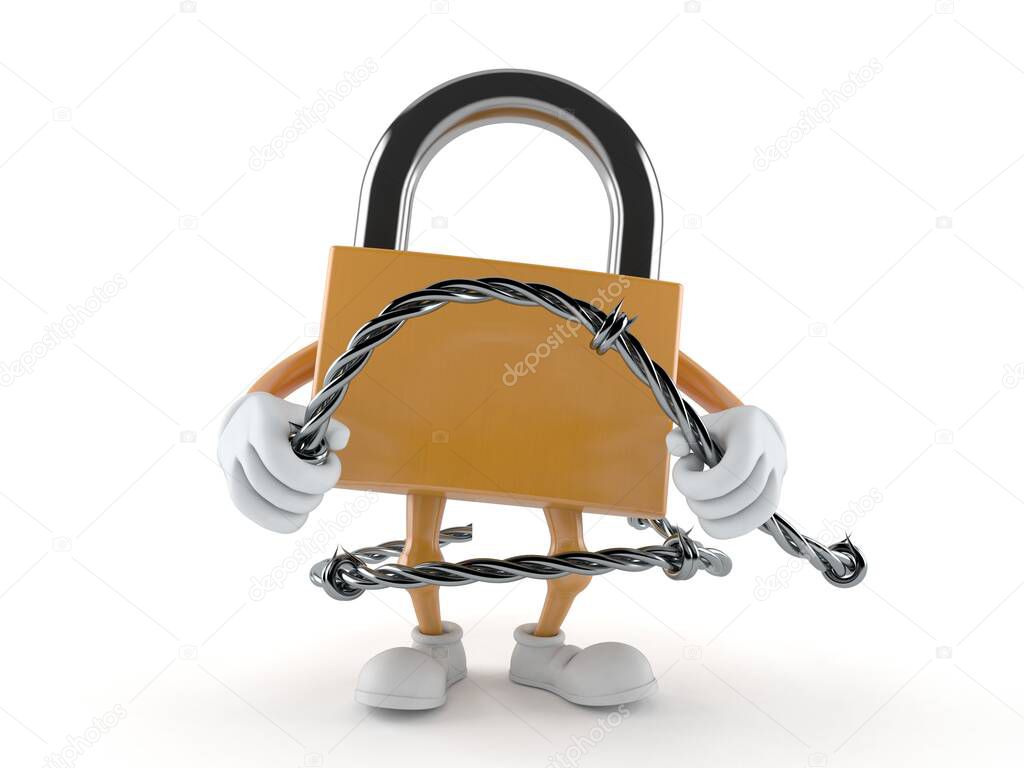 Padlock character holding barbed wire isolated on white background. 3d illustration