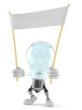 Beyaz arkaplanda boş afiş taşıyan ampul karakteri izole edildi. 3d illüstrasyon