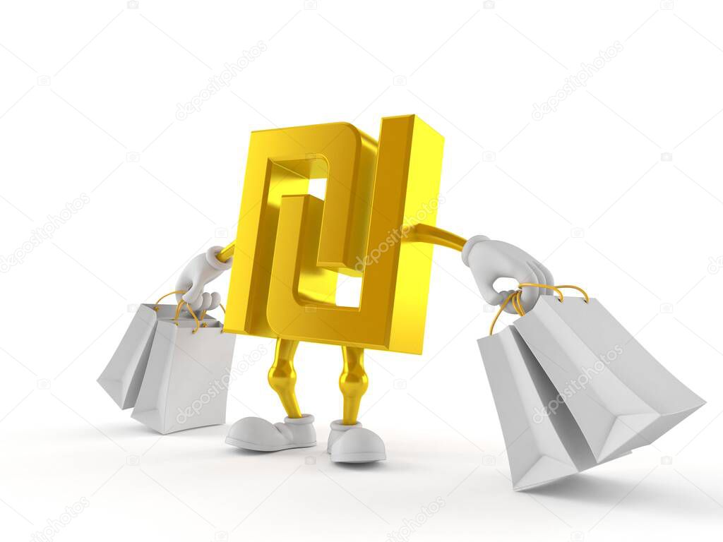 Shekel character holding shopping bags isolated on white background. 3d illustration