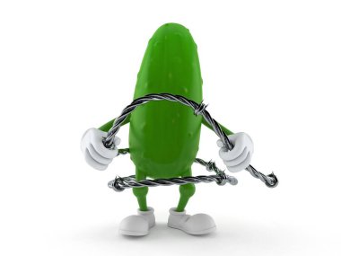 Beyaz arka planda izole edilmiş dikenli tel tutan salatalık karakteri. 3d illüstrasyon