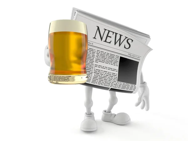 白を基調としたビールグラスを持つ新聞キャラクター 3Dイラスト — ストック写真