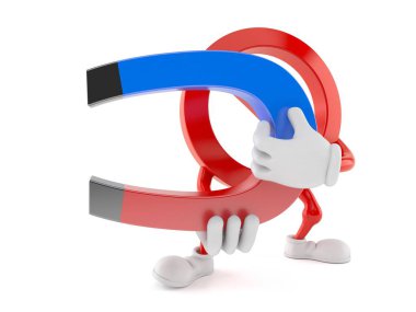 Beyaz arka planda at nalı mıknatısı tutan yasak karakter. 3d illüstrasyon