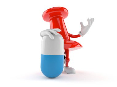 Beyaz arka planda haplı raptiye karakteri. 3d illüstrasyon