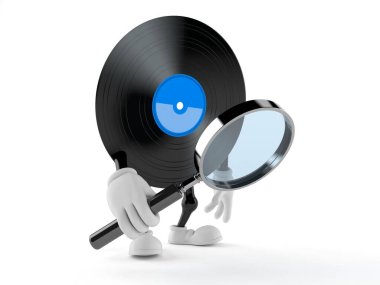 Beyaz arka planda izole edilmiş büyüteçten bakan vinil karakter. 3d illüstrasyon