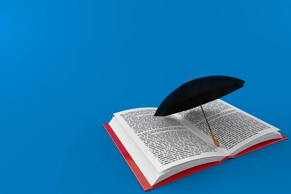 青い背景に隔離されたオープンブック上の傘 3Dイラスト — ストック写真