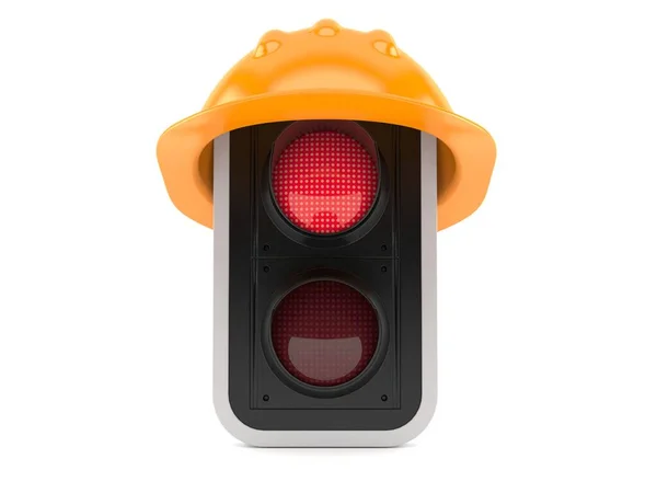 红色交通信号灯 白色背景的硬礼帽隔离 3D说明 — 图库照片