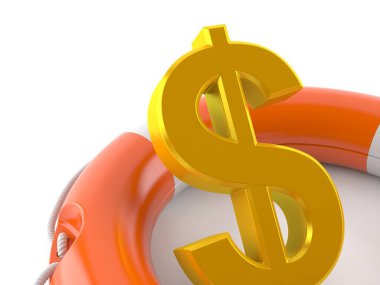Beyaz arka planda yaşam şamandırasının içindeki dolar birimi. 3d illüstrasyon