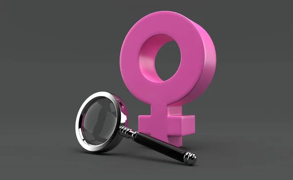 灰色の背景に隔離された虫眼鏡を持つ女性の性別記号 3Dイラスト — ストック写真