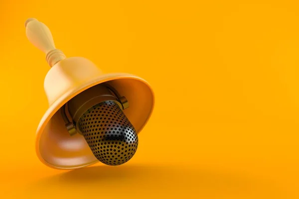 オレンジ色の背景に孤立したハンドベル付きのラジオマイク 3Dイラスト — ストック写真