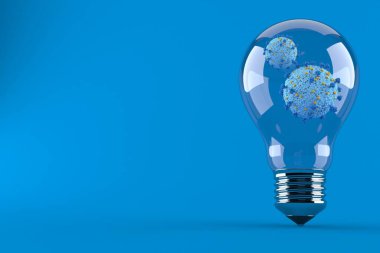 Ampulün içindeki virüs mavi arkaplanda izole edilmiş. 3d illüstrasyon