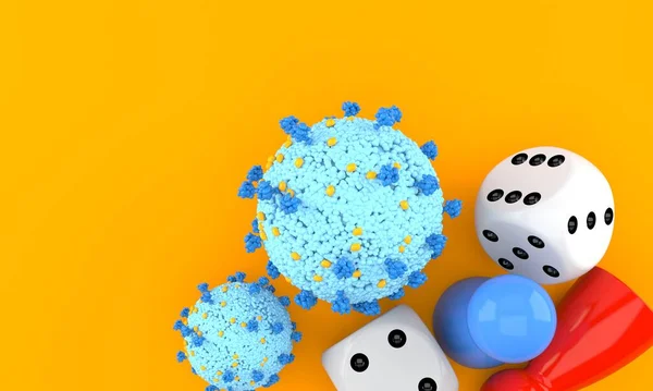 Virus with dice and pawn on orange background. 3d illustration