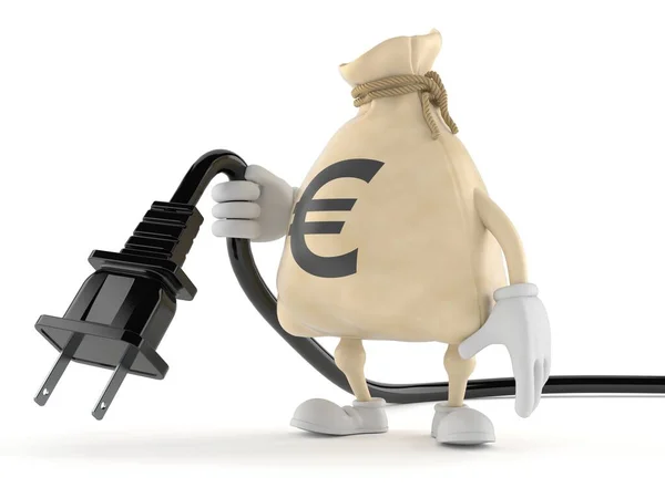 Euro Dinheiro Personagem Saco Segurando Cabo Elétrico Isolado Fundo Branco — Fotografia de Stock