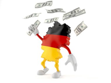 Beyaz arka planda izole edilmiş para yakalayan Alman karakter. 3d illüstrasyon