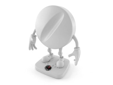 Tablet karakteri beyaz arka planda izole edilmiş ağırlık ölçeğinde duruyor. 3d illüstrasyon