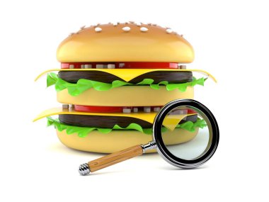 Beyaz arka planda izole edilmiş büyüteçle çizburger. 3d illüstrasyon