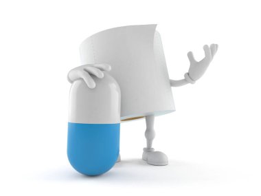 Beyaz arka planda haplı tuvalet kağıdı karakteri. 3d illüstrasyon