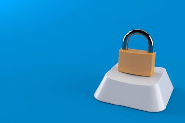 Bilgisayar anahtarındaki asma kilit mavi arkaplanda izole edildi. 3d illüstrasyon