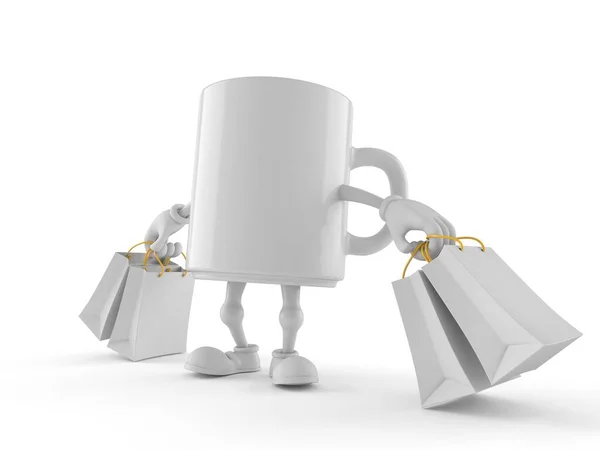 Mug Χαρακτήρα Κρατώντας Τσάντες Ψώνια Απομονώνονται Λευκό Φόντο Εικονογράφηση — Φωτογραφία Αρχείου