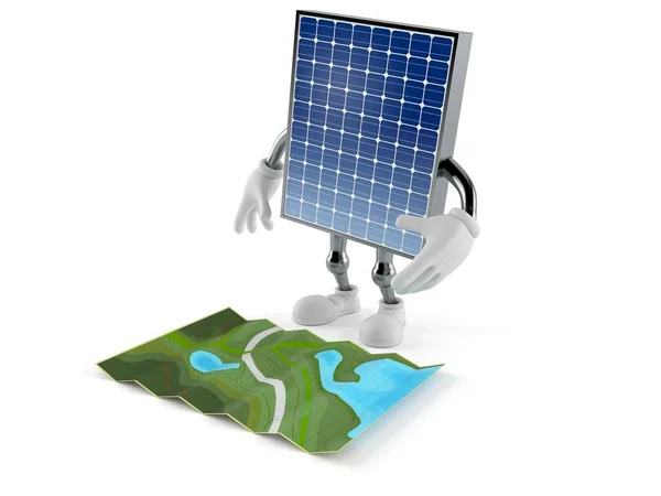 Carácter Del Panel Fotovoltaico Mirando Mapa Aislado Sobre Fondo Blanco — Foto de Stock