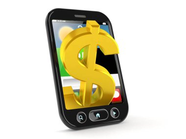 Akıllı telefonun içindeki dolar birimi beyaz arka planda izole edilmiş. 3d illüstrasyon