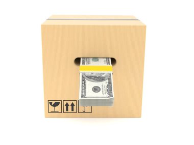 İçinde para olan paket beyaz arka planda izole edilmiş. 3d illüstrasyon