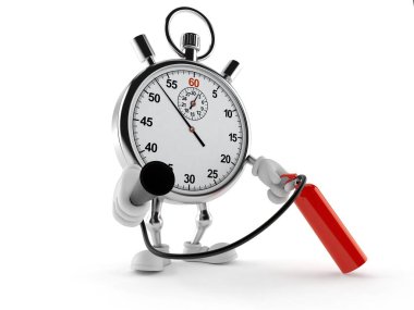 Stopwatch karakteri beyaz arka planda izole edilmiş yangın söndürücüyü tutuyor. 3d illüstrasyon