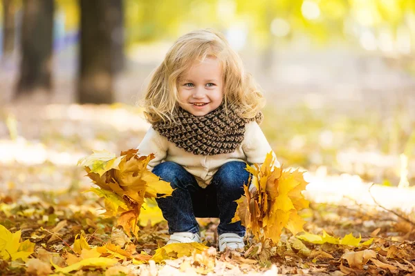 Joyful little girl in park in autumn with leaves in their hands — Stock Photo, Image