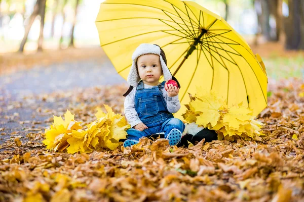 Little child sitting on grass with umbrella playing with yellow leafs in autumn day — Stock Photo, Image