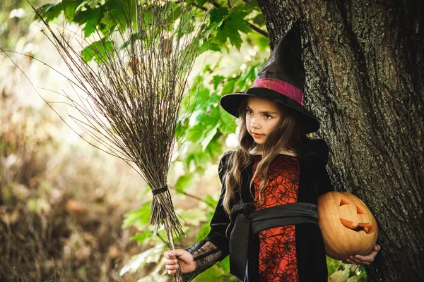 Fijne Halloween. Leuke kleine heks met een pompoen in de handen. — Stockfoto