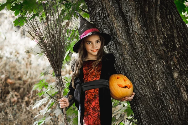 Happy Halloween. Cute little witch with a pumpkin in the hands.