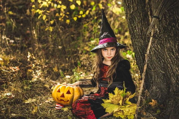 Fijne Halloween. Leuke kleine heks met een pompoen in de handen. — Stockfoto