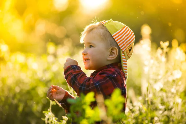 Liten pojke sitter i gräset. barnet för en promenad. barn sommaren utomhus — Stockfoto