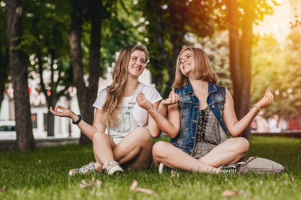 幸せな笑顔の草の上に座って公園でリラックス楽しく 2 つの美しい若い女性最高恋人の肖像画 — ストック写真