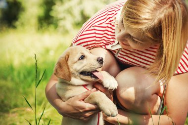 Labrador köpek yavrusu ile kız
