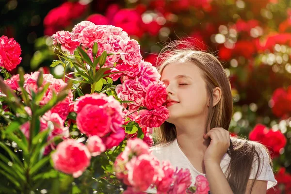 Красива дівчина стоїть в парку троянд . — стокове фото