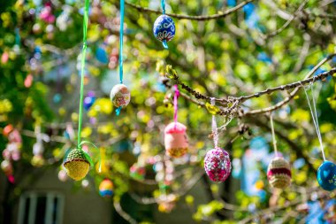 Birkaç Paskalya yumurta bir ağaç dalına asılı renkli
