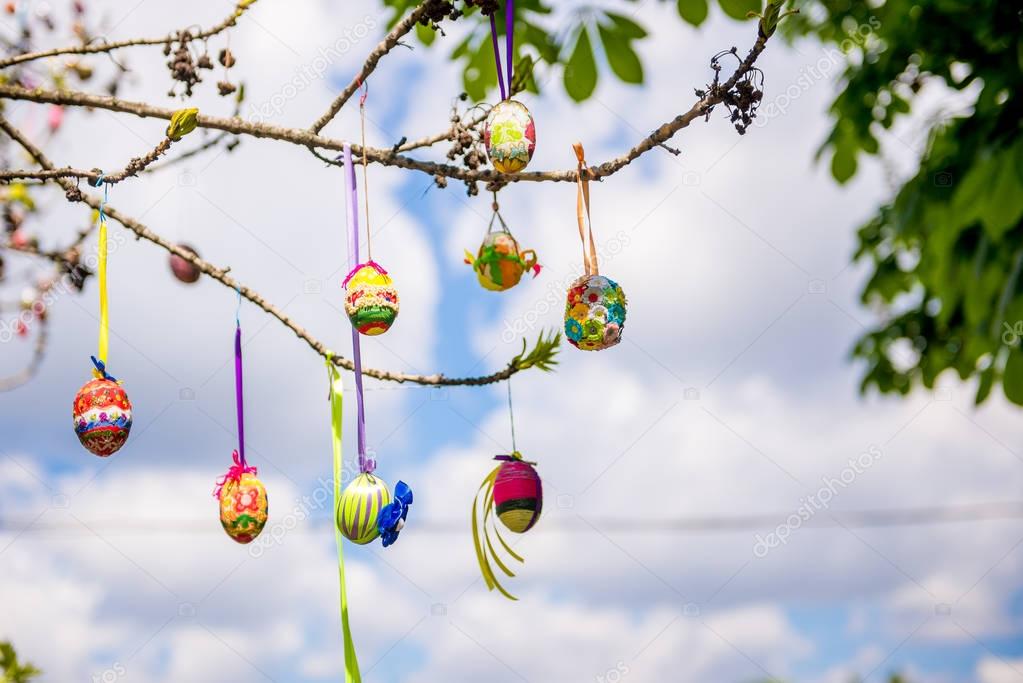 Several Easter colored eggs hanging on a tree branch