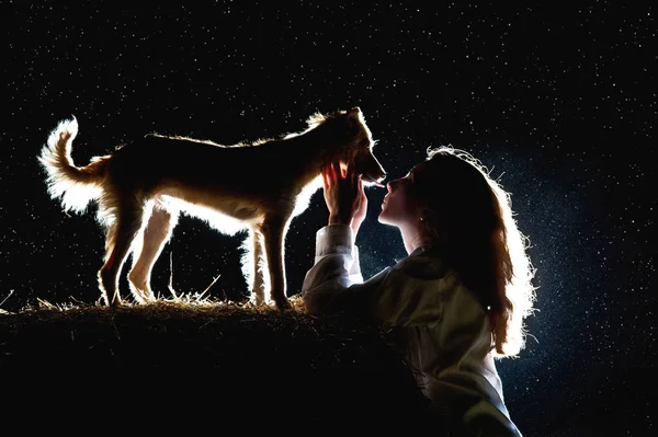 En silhuett av en ung kvinna och hennes hund på natten i bakgrunden av stjärnhimlen. — Stockfoto