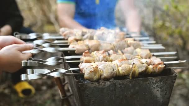 Steaming Tasty Shish Kebab é frito em carvão. Movimento lento — Vídeo de Stock