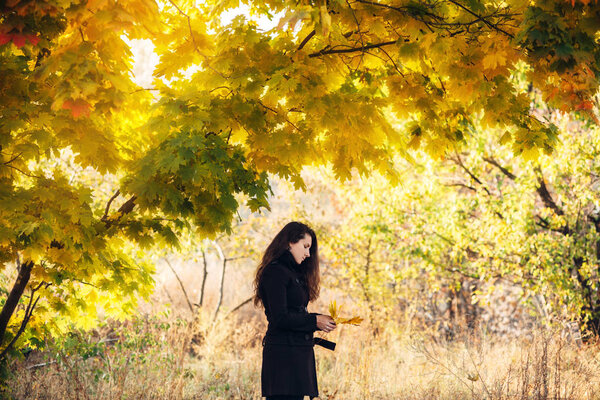 Girl walks in beautiful autumn park. girl walking in autumn park