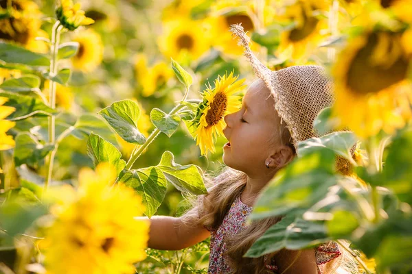 Vacker liten flicka i solrosor — Stockfoto