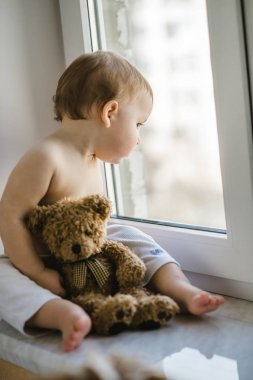 onun elinde oyuncak ayı ile cam kenarında oturan küçük bir çocuk