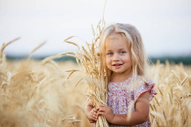 Buğday yaz alanında oynayan sevimli küçük kız