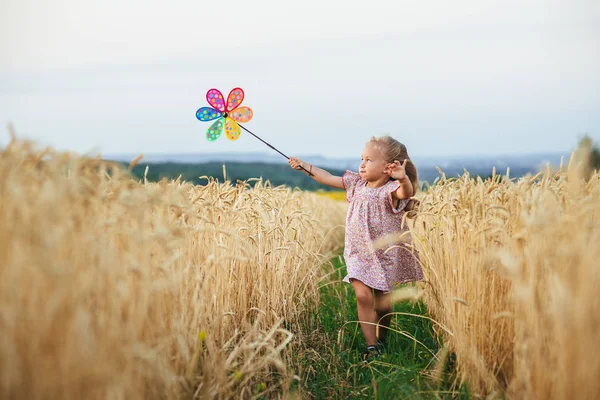 Söt liten flicka spelar i fältet sommaren vete — Stockfoto