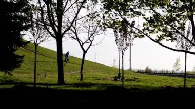 İnsanlar, çocuklu bir parkta yürüyüş siluetleri, orman park, günbatımı ağaçlar, açık havada, Sonbahar, yaz, arkasında bahar