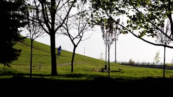 Personas caminando en un parque con niños, siluetas, parque forestal, puesta de sol detrás de los árboles, al aire libre, otoño, verano, primavera — Vídeos de Stock