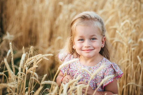 Schattig klein meisje spelen op het gebied van de zomer van tarwe — Stockfoto